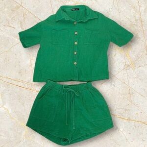 SHEIN‎ Green Button Down Shirt and Shorts Set Looks Like Linen